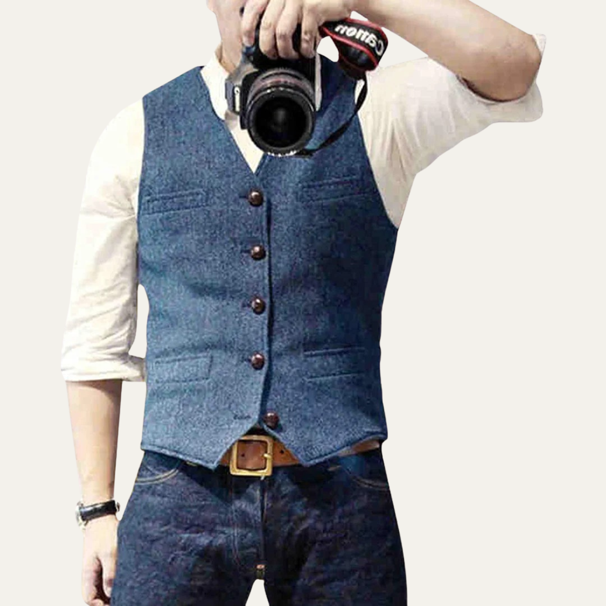 Men's sleeveless textured vest with V-neckline, buttons and front welt pockets