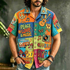 Men's multicolor patchwork graphic shirt with music-themed artwork