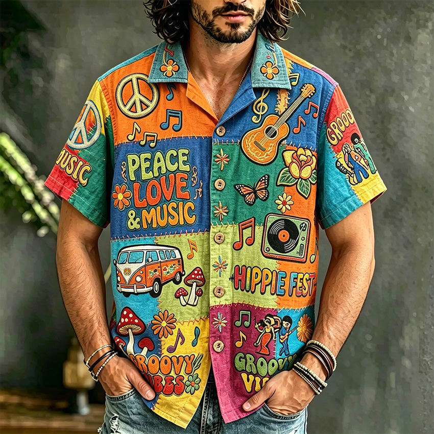Men's multicolor patchwork graphic shirt with music-themed artwork