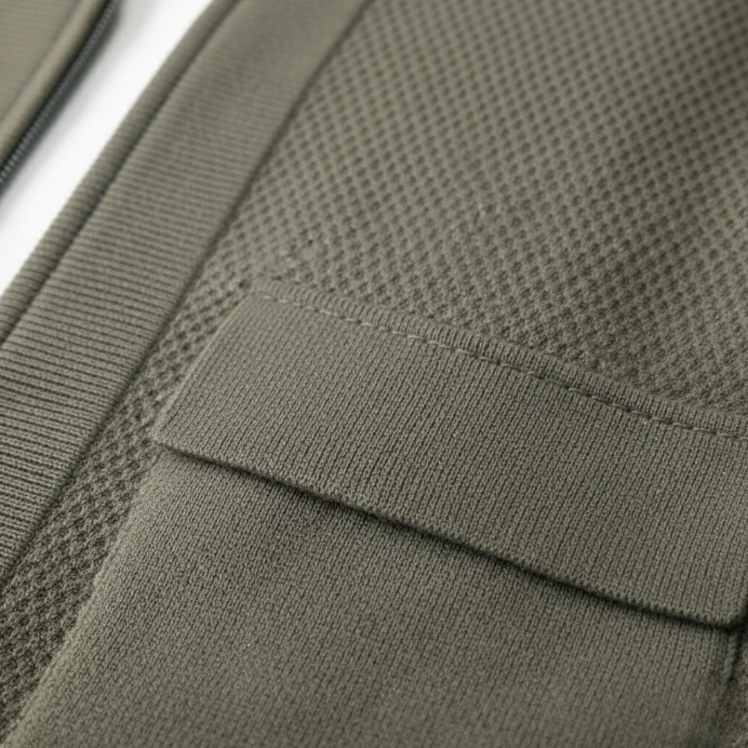 Men's textured knit cardigan with open front and patch pockets