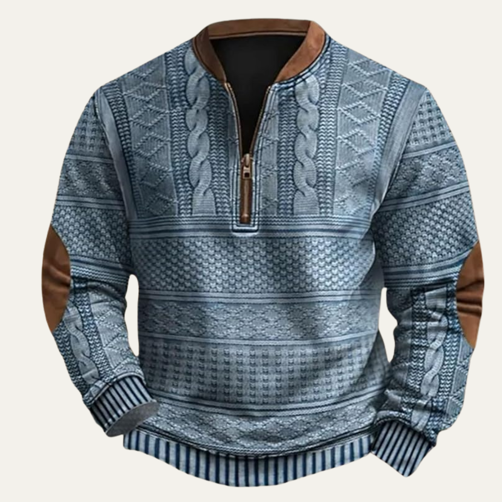 Men's patterned half-zip sweater with mock neck and brown elbow patches