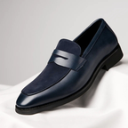 Men's navy and black penny loafers with almond toe and low heel