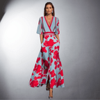 Blue and red floral women's wide leg jumpsuit with V-neck