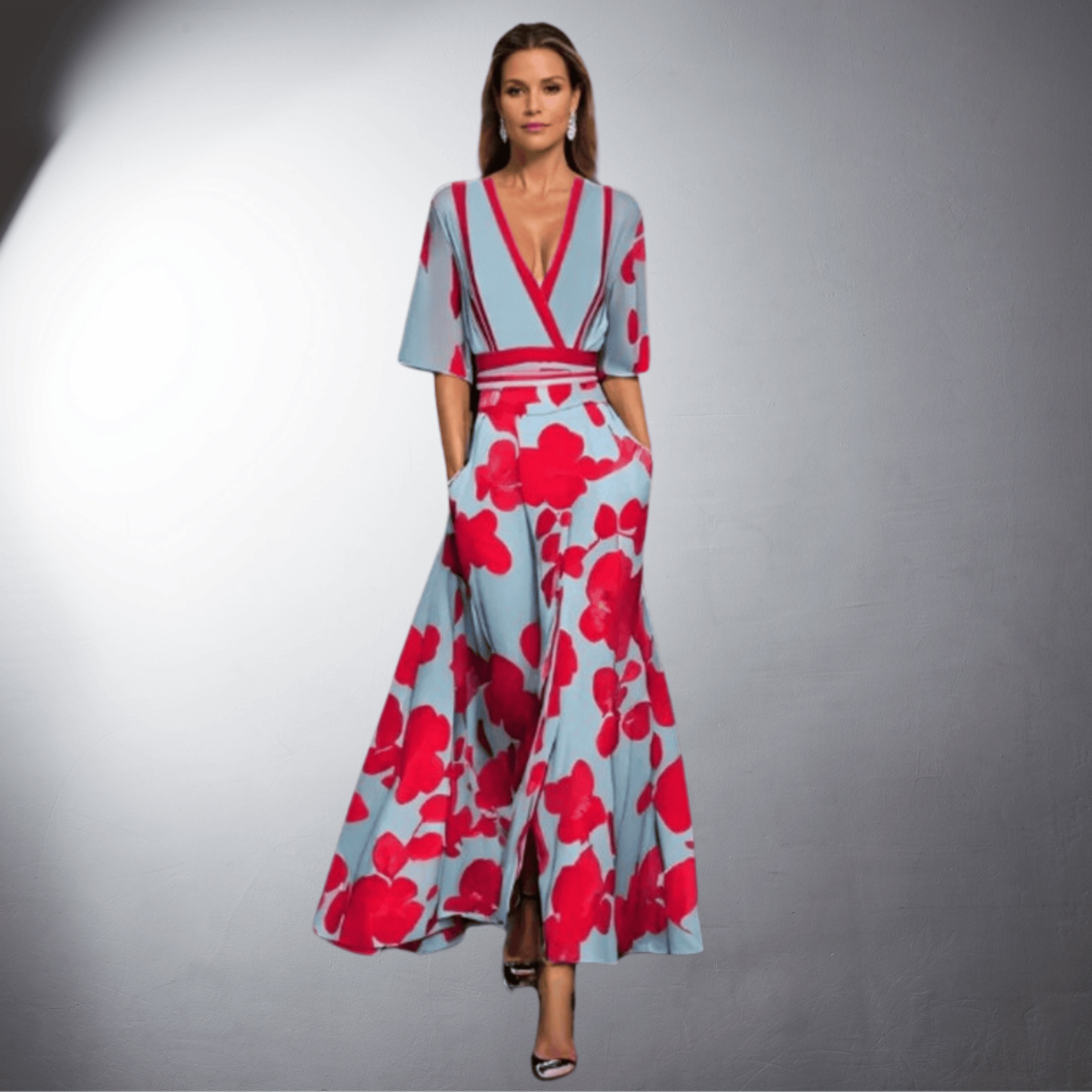 Blue and red floral women's wide leg jumpsuit with V-neck