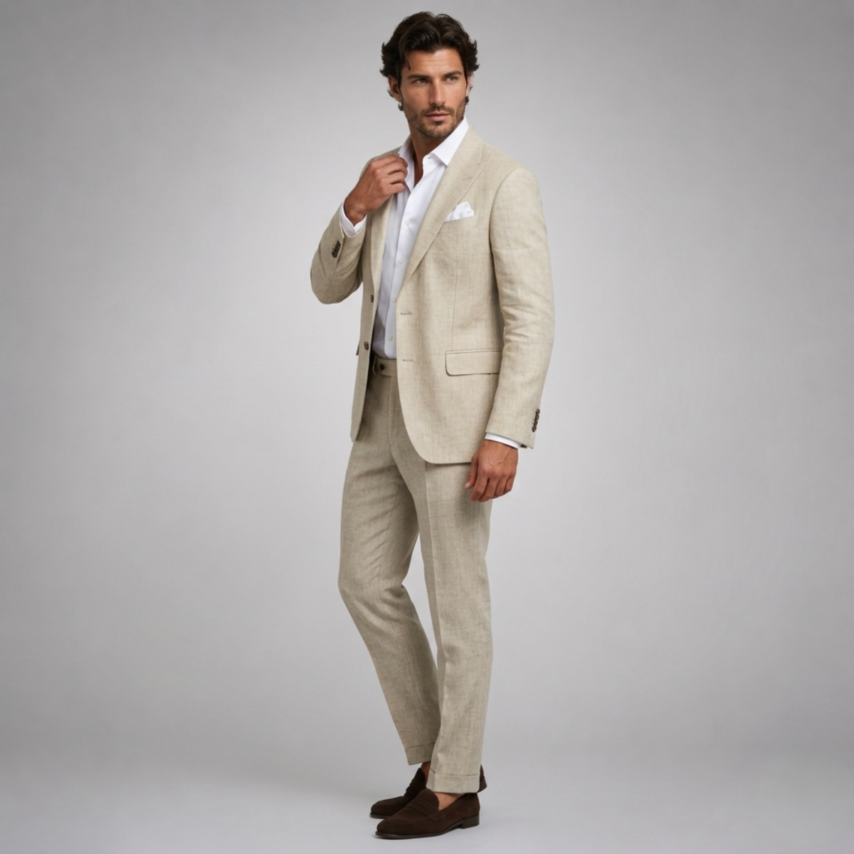 Men's slim fit two piece suit with button blazer and long trousers