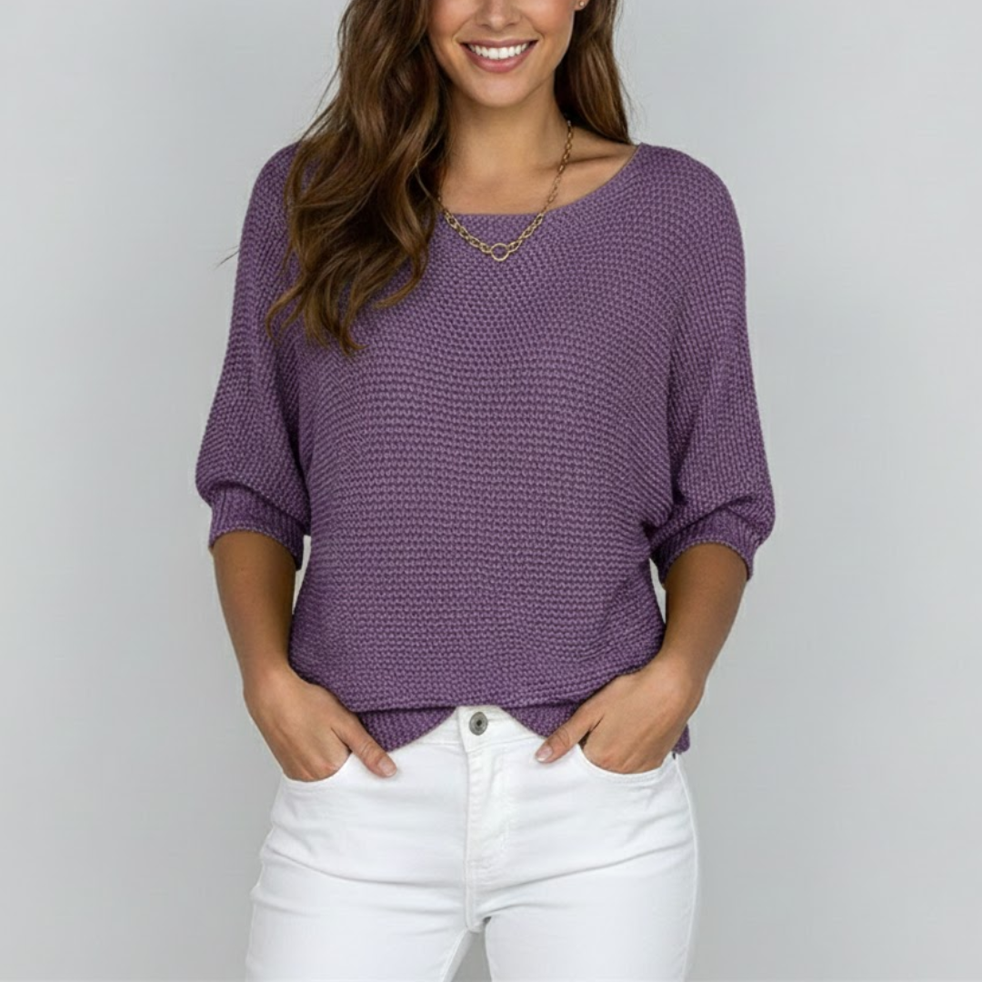 Women's textured knit jumper with wide boat neckline and three quarter sleeves