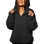 Women's oversized hooded quilted pullover jacket with long sleeves and front pockets
