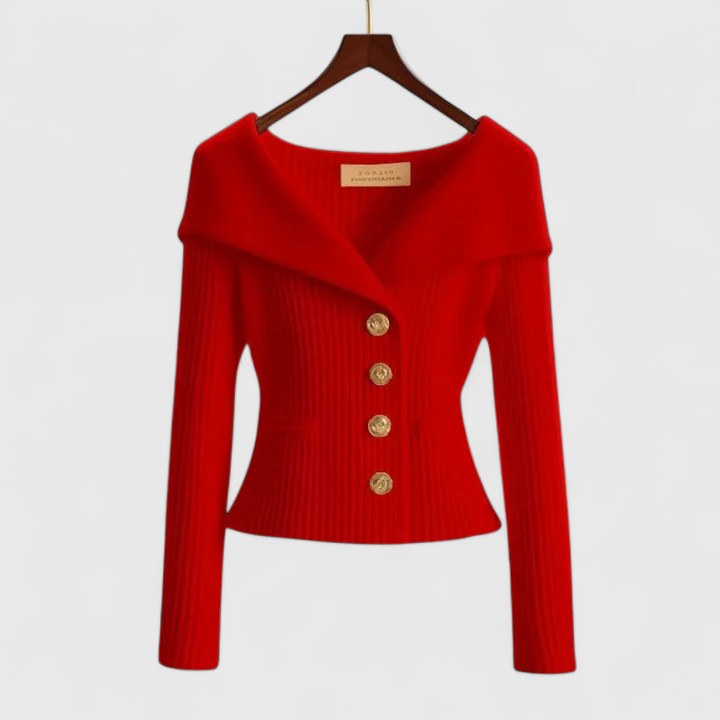 Women's ribbed button cardigan with wide collar and long sleeves