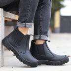Women's Chelsea work boots with elastic panels and chunky lug soles