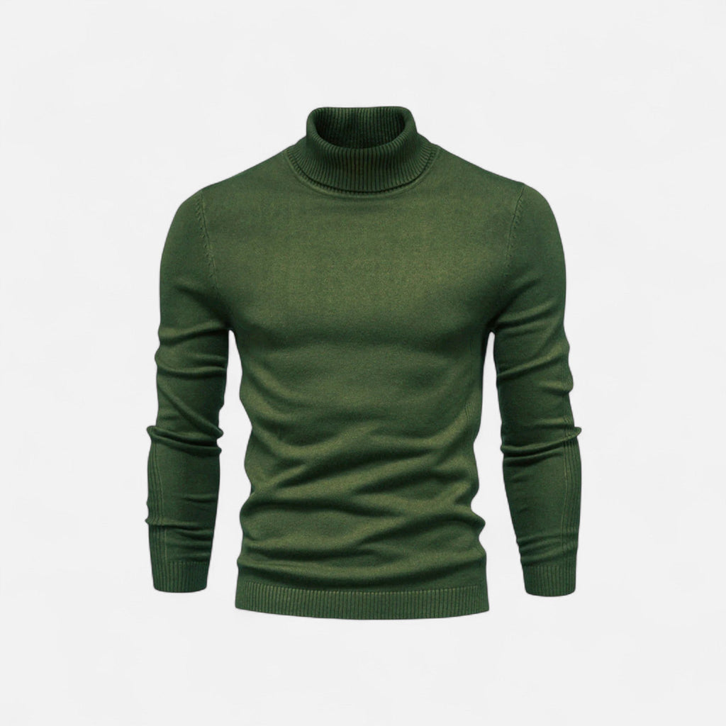 Men's half-zip knit sweater with raised turtleneck collar