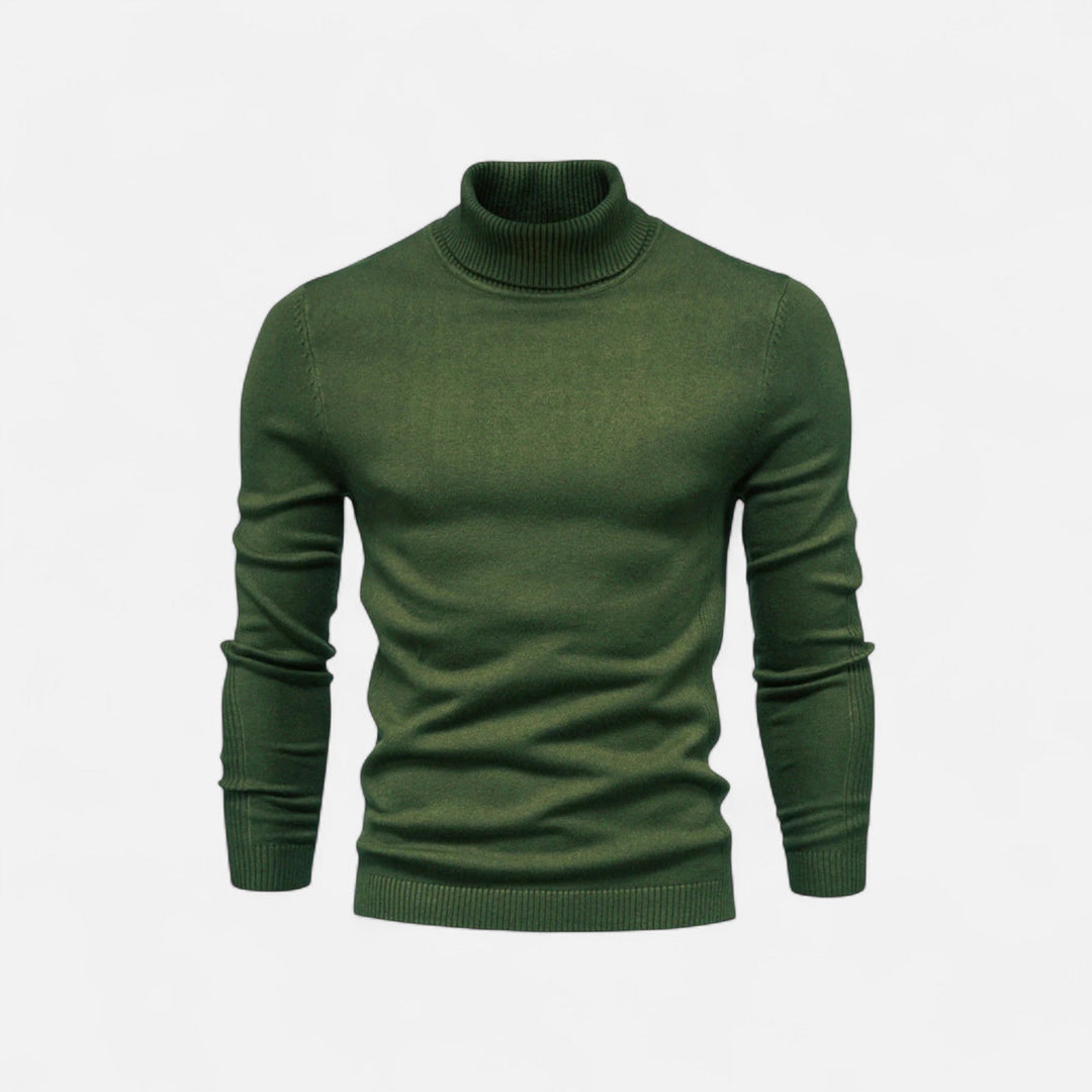 Men's half-zip knit sweater with raised turtleneck collar