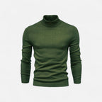 Men's half-zip knit sweater with raised turtleneck collar