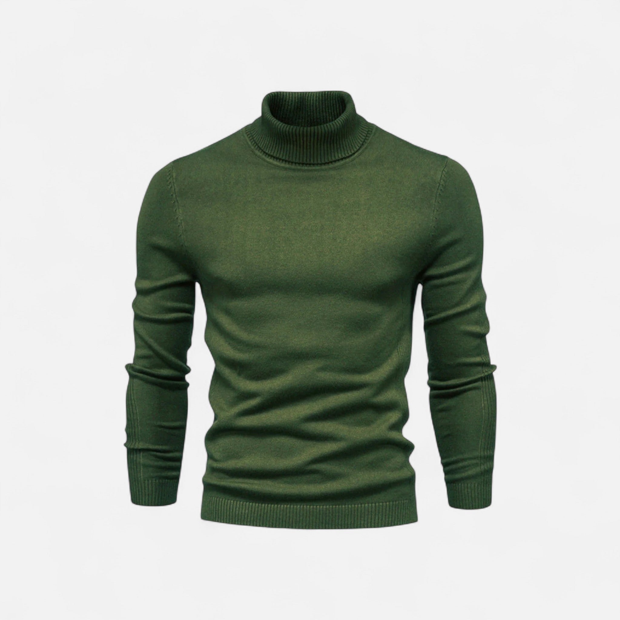 Men's half-zip knit sweater with raised turtleneck collar