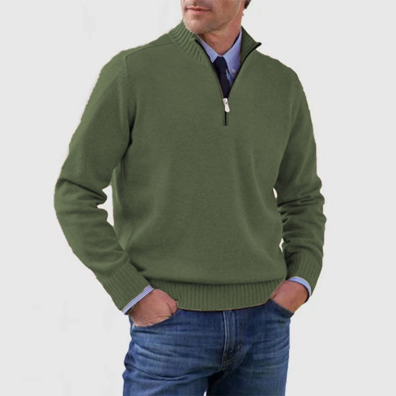 Men's quarter zip mock neck jumper with long sleeves and ribbed trims