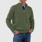 Men's quarter zip mock neck jumper with long sleeves and ribbed trims