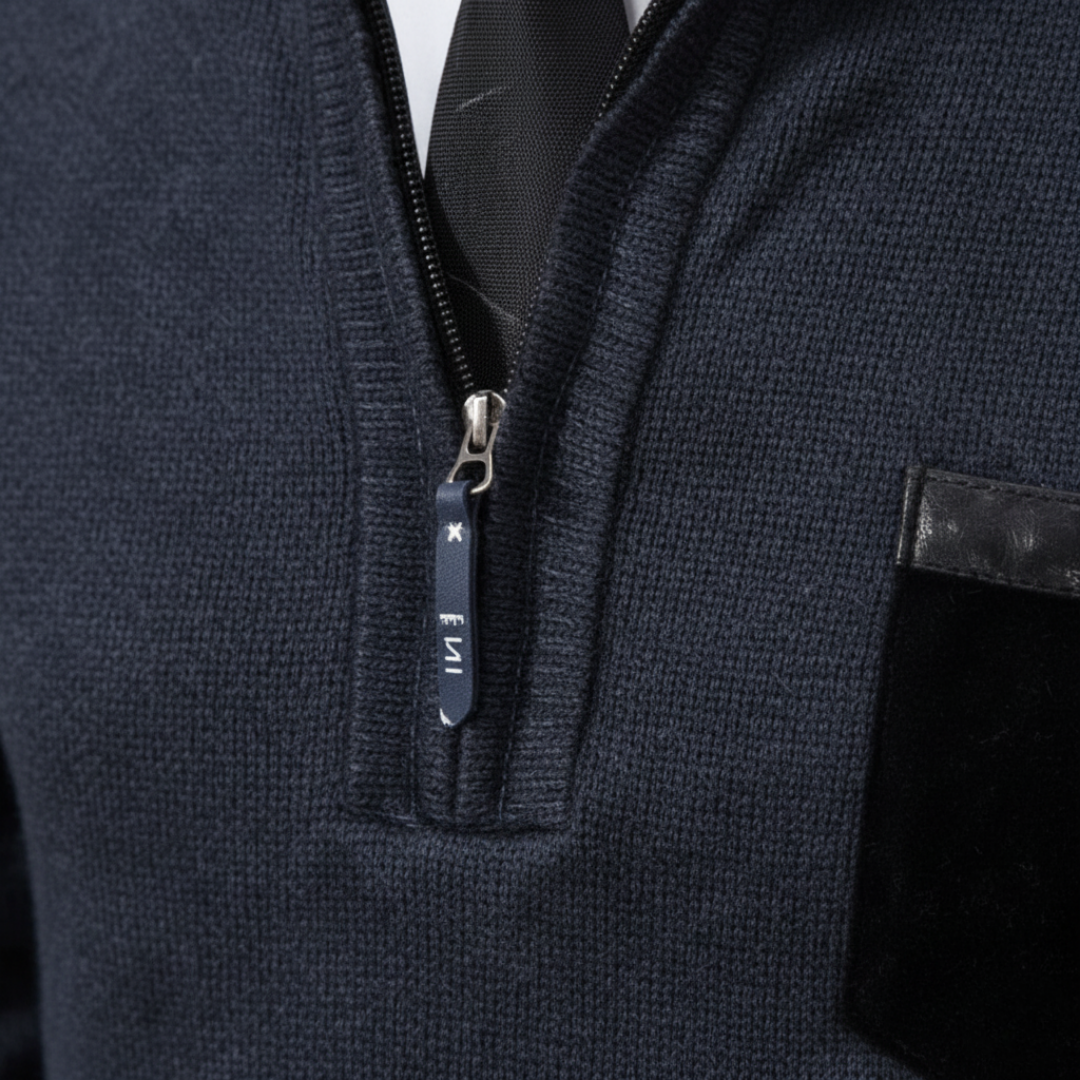 Men's half-zip sweater with stand collar, contrast shoulder panels and chest pocket