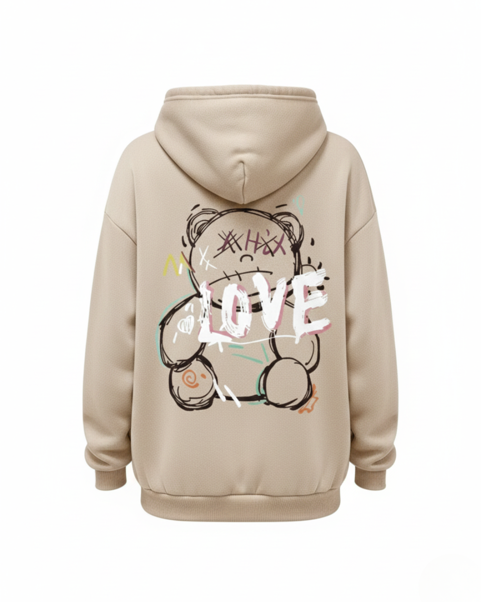 Unisex oversized hooded sweatshirt with illustrated LOVE graphic on the back