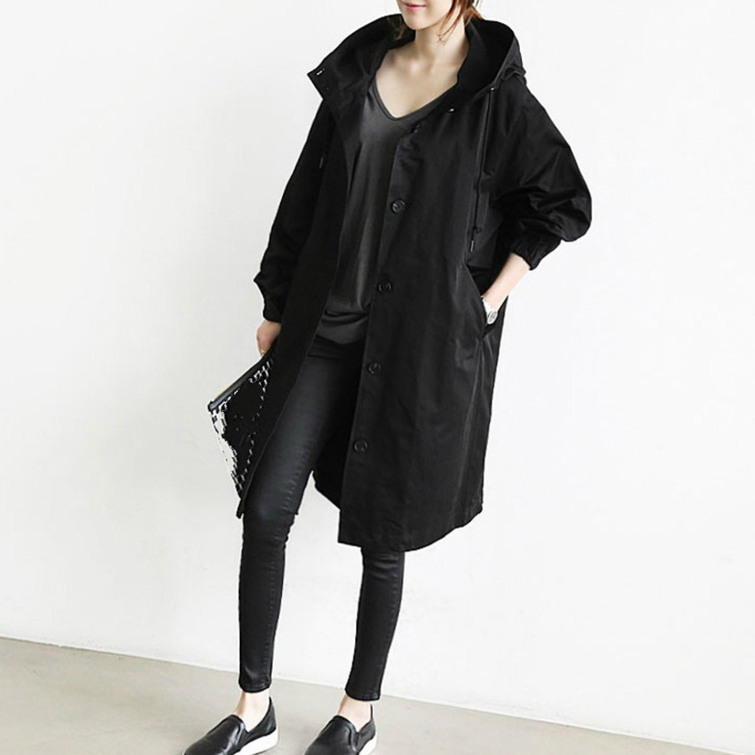 Women's long hooded coat with button front, pockets and gathered sleeves