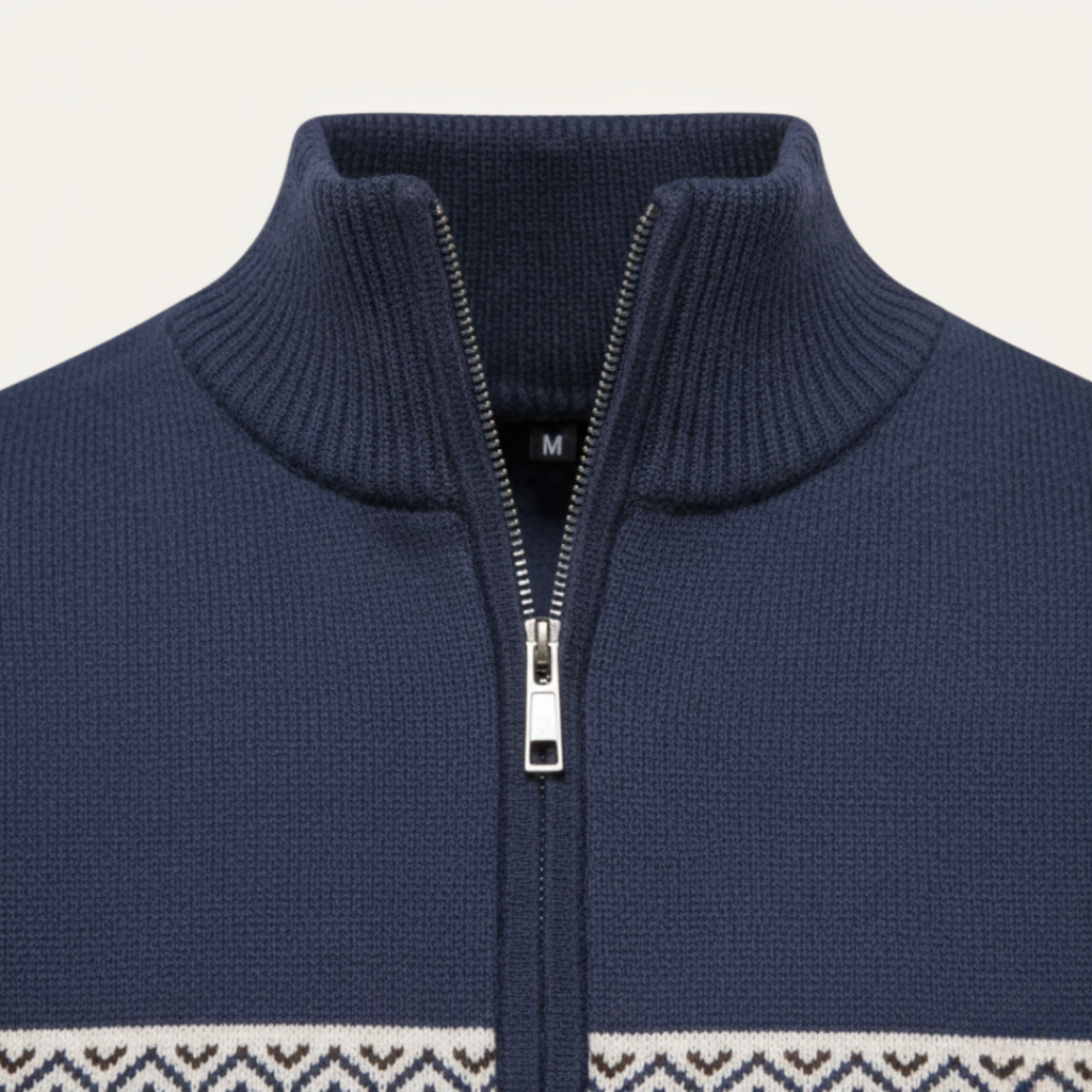 Men's patterned half-zip sweater with ribbed collar