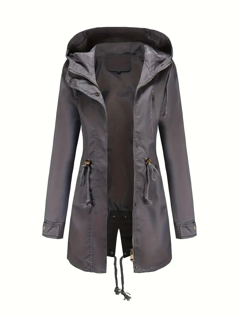 Women's long hooded parka jacket with drawstring waist, long sleeves and front zip