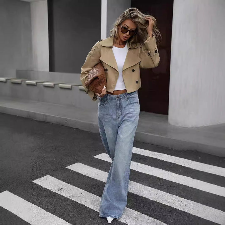 Women's khaki cropped trench coat with notched lapels and long sleeves