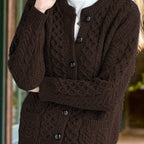 Women's textured cable knit cardigan with crew neck, long sleeves and button front
