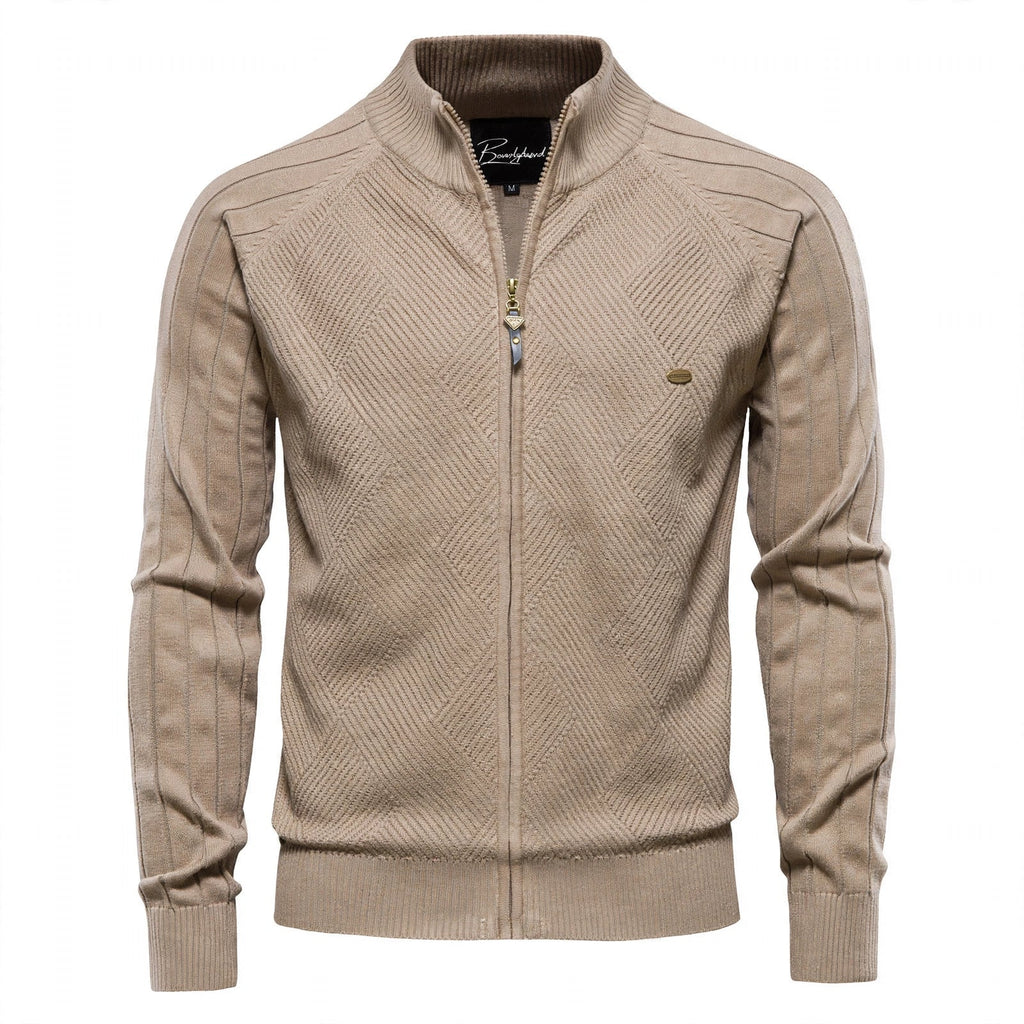 Men's textured zip-up cardigan with mock neck and long sleeves