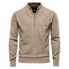 Men's textured zip-up cardigan with mock neck and long sleeves