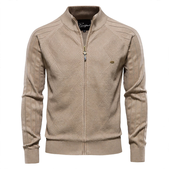 Men's textured zip-up cardigan with mock neck and long sleeves