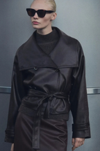 Women's cropped wrap jacket with long sleeves, wide collar and tie belt