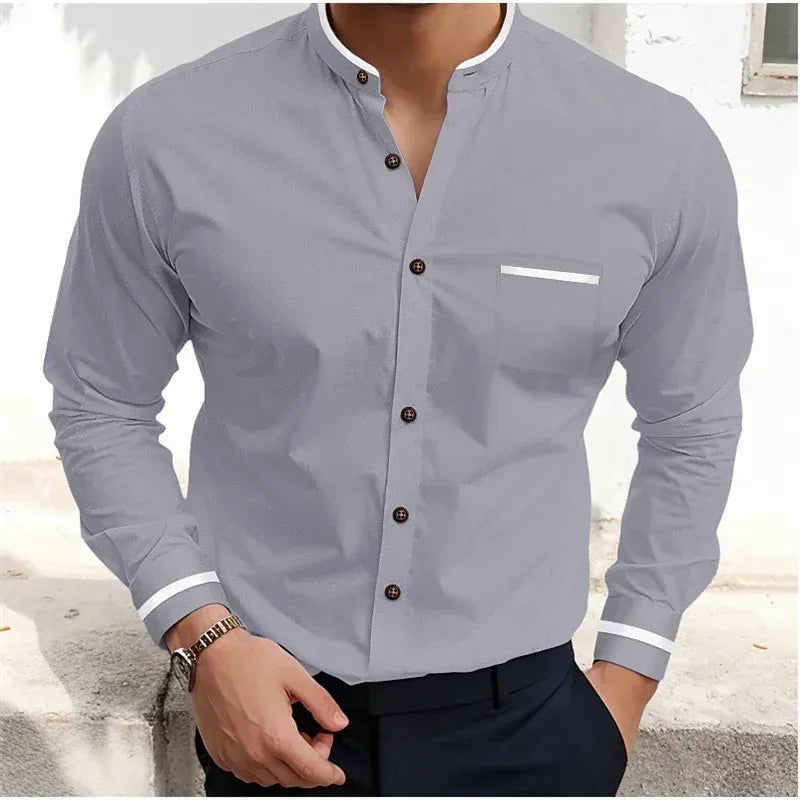 Men's long-sleeve grandad collar shirt with contrast cuff and chest pocket trims
