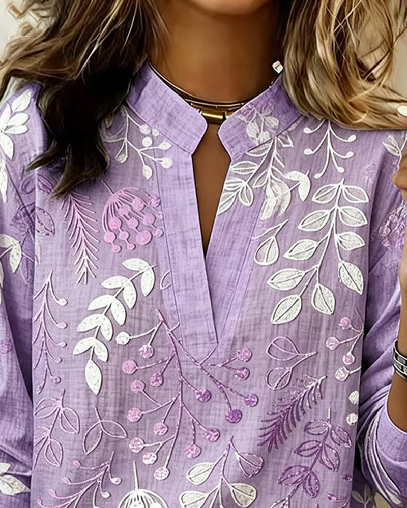 Women's botanical print blouse with mandarin collar and 3/4 sleeves