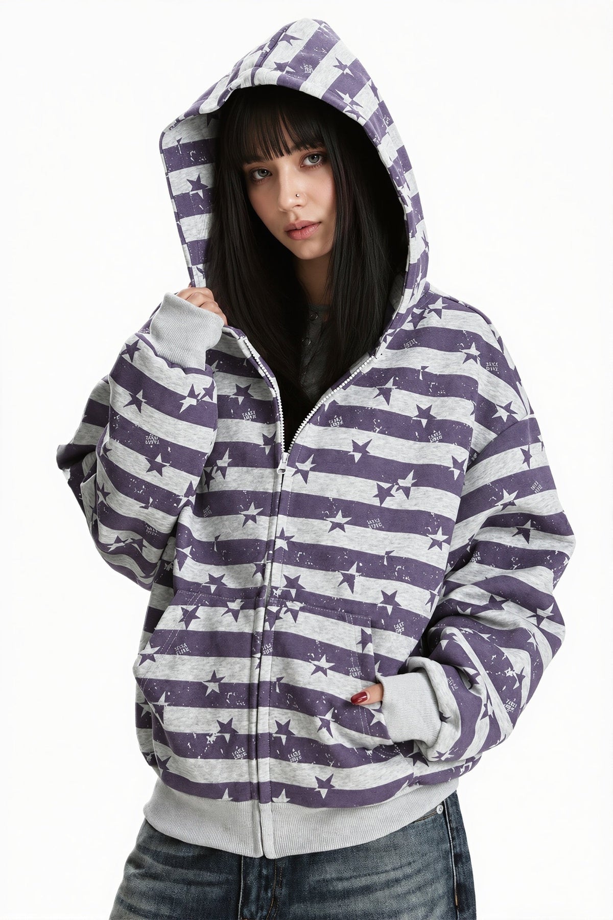 Women's striped star print zip hoodie with hood and ribbed trims