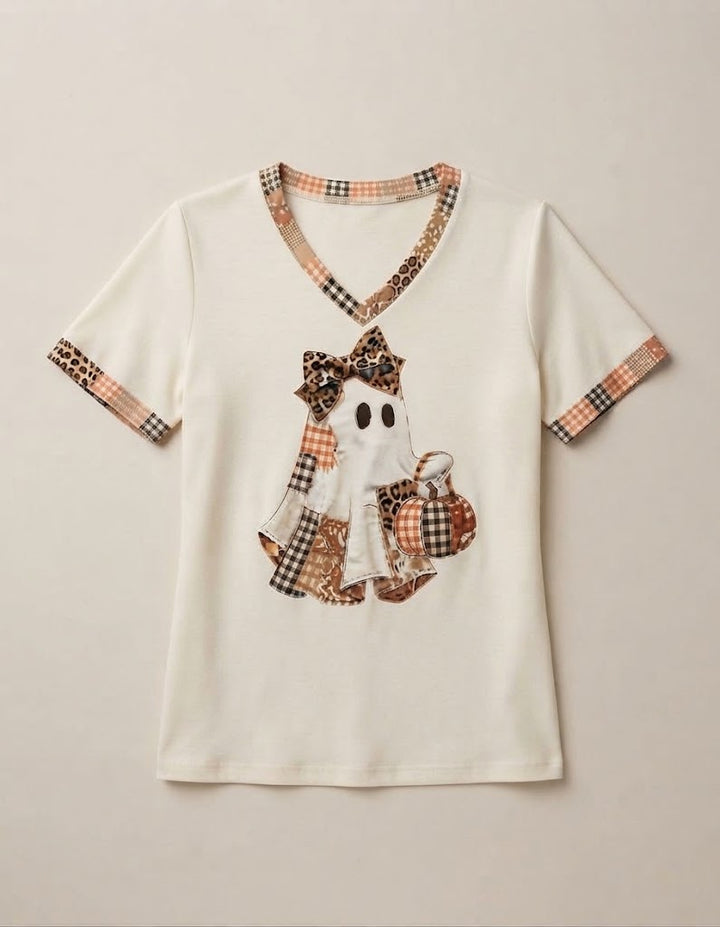 Women's Ghost Graphic T-Shirt, Plaid Trim, Crew Neck, Cream