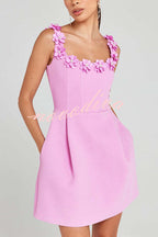 Women's square-neck mini dress with floral appliques and side pockets