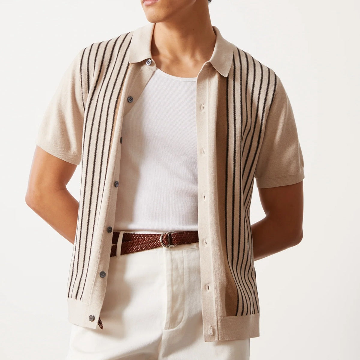 Men's beige knitted polo shirt with vertical stripes and buttons