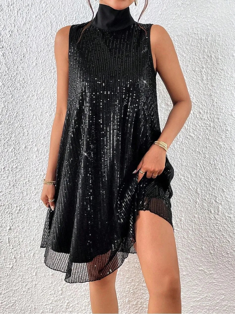 Women's sleeveless sequin mock neck mini dress with A-line shape