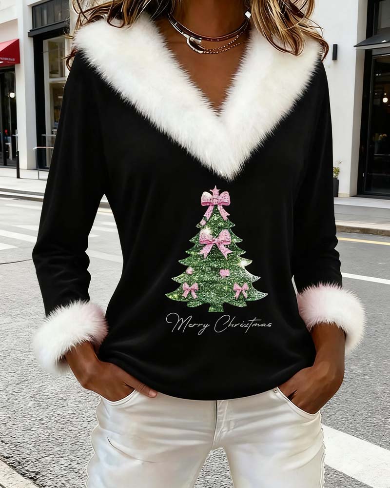 Women's Christmas print top with fluffy collar, long sleeves and Christmas tree graphic