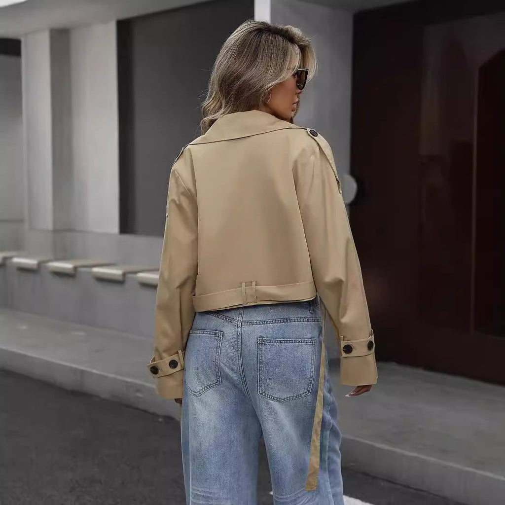 Women's khaki cropped trench coat with notched lapels and long sleeves