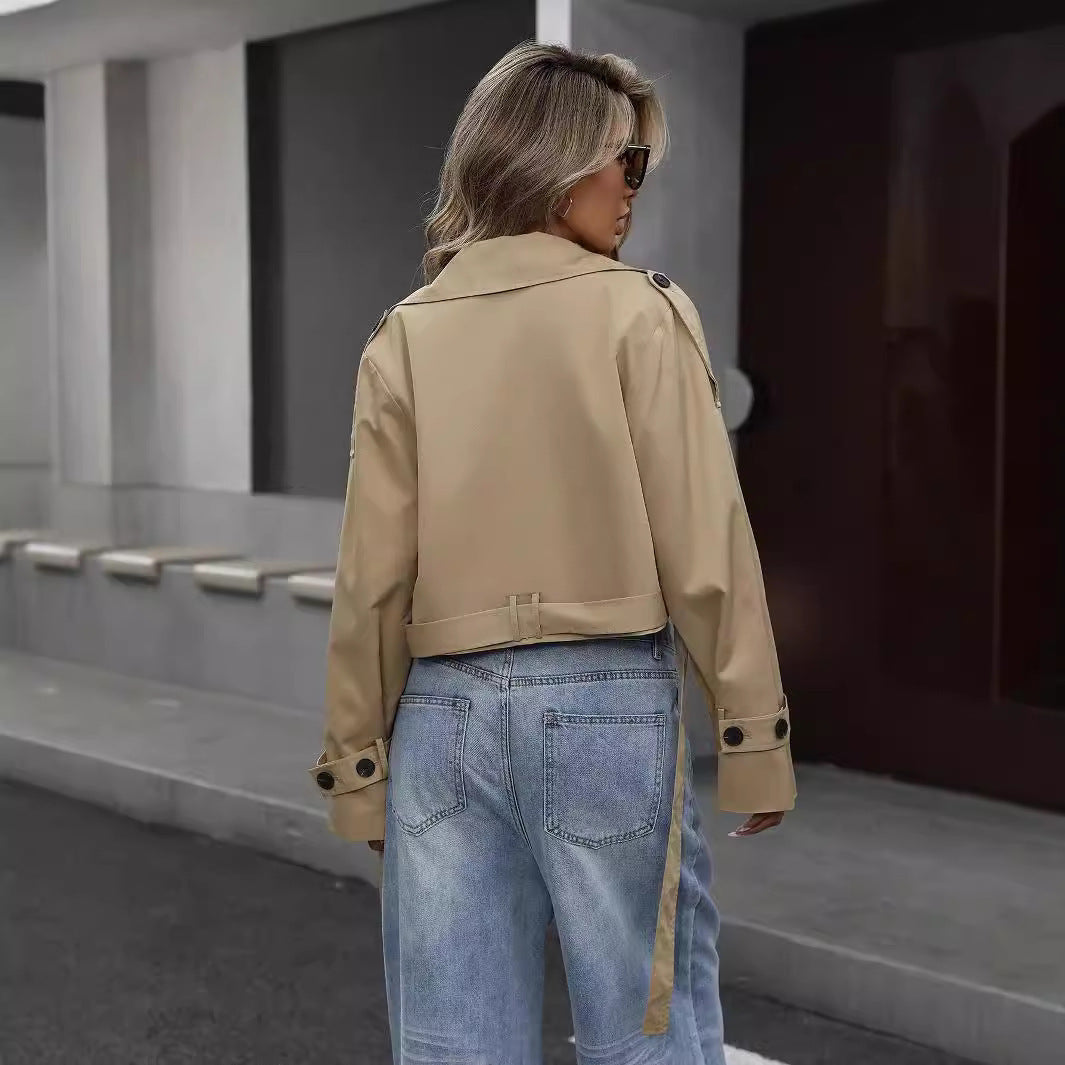 Women's khaki cropped trench coat with notched lapels and long sleeves