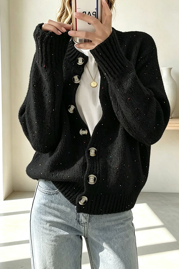 Women's knitted cardigan with scattered dots, long sleeves and button front