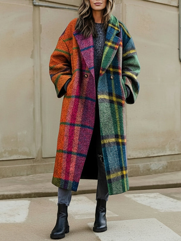 Women's multicolour plaid long coat with lapel collar and buttons