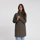 Women's dark brown hooded softshell jacket with long sleeves and zipped pockets