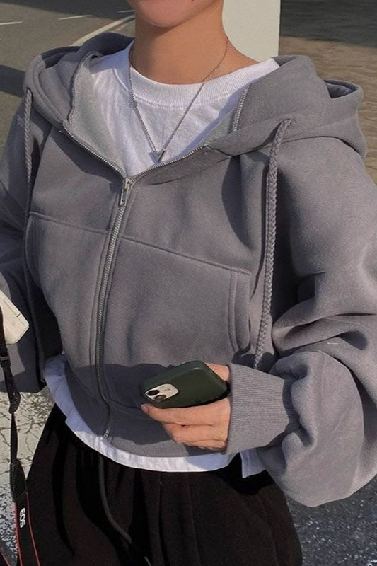 Women's oversized cropped zip hoodie with hood and long sleeves