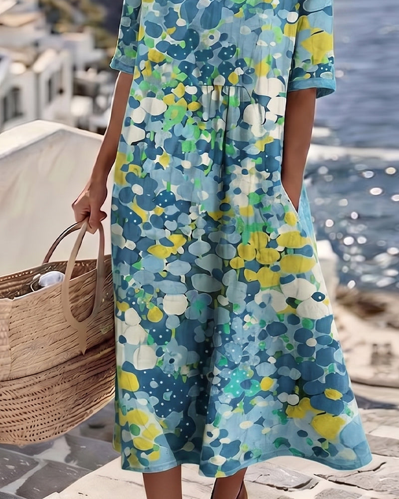 Women's multicolour floral print midi dress with round neck and 3/4 sleeves