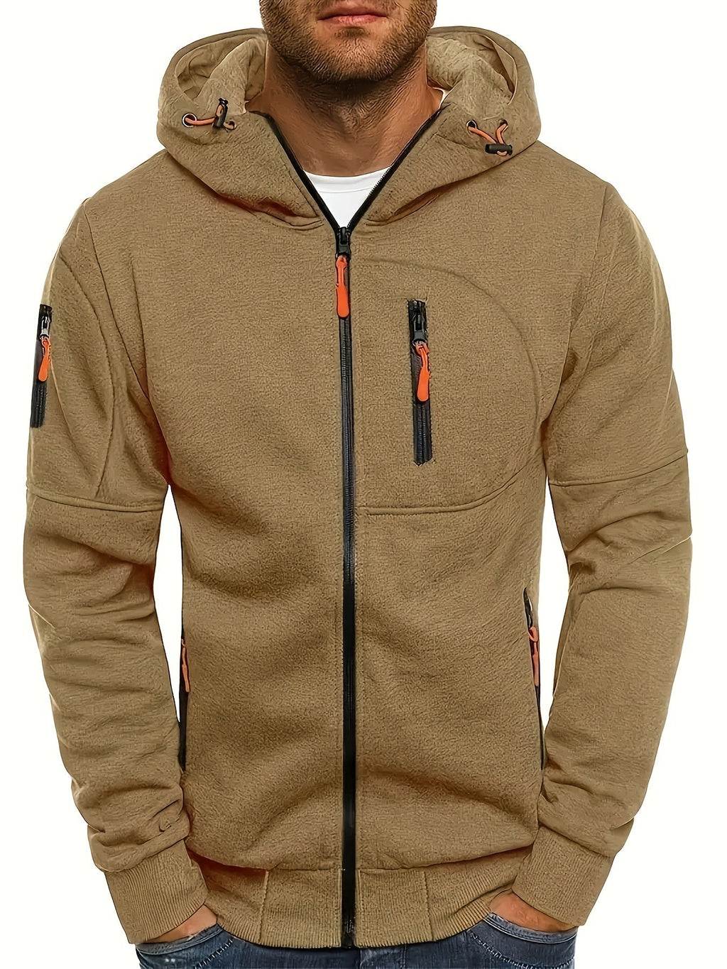 Men's hooded full-zip jacket with multiple zipped pockets and ribbed trims