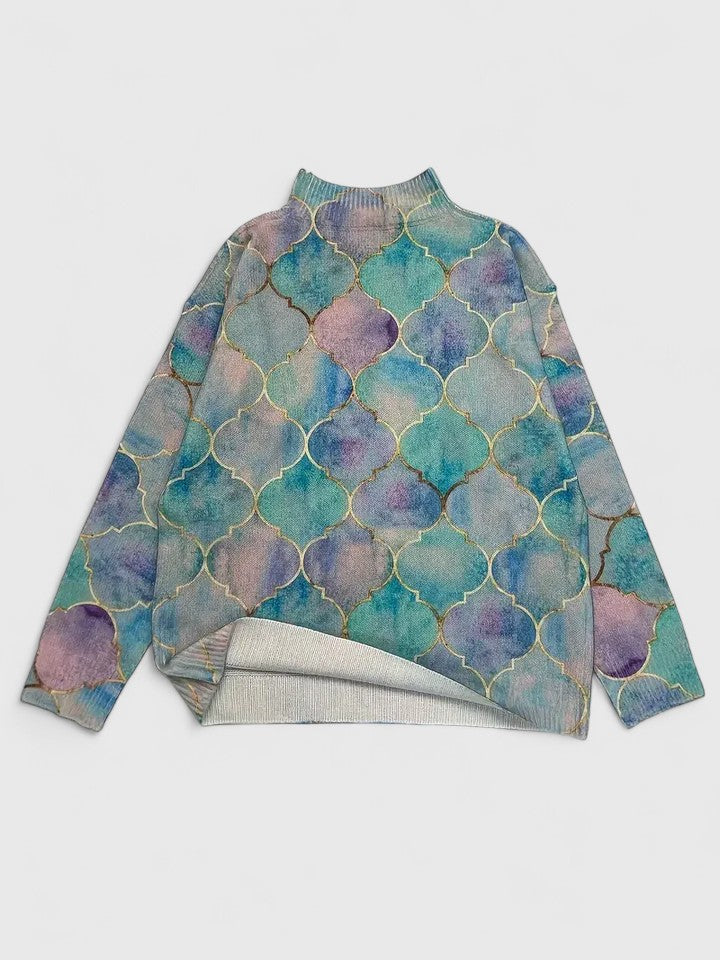 Women's multicolour geometric scale print turtleneck knit sweater with long sleeves