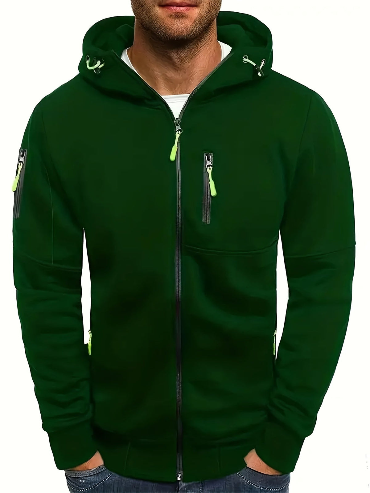 Men's hooded full-zip jacket with multiple zipped pockets and ribbed trims