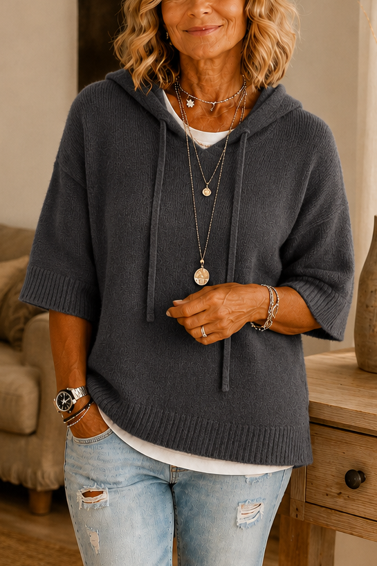 Women's open-knit hoodie with drawstring hood and short sleeves