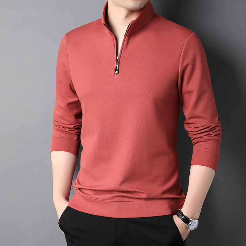 Men's plain long-sleeved quarter-zip sweater with a raised mock neck